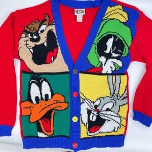 Looney Tunes Vintage Sweater Cardigan Medium 10/12 90s Taz Bugs Daffy Marvin